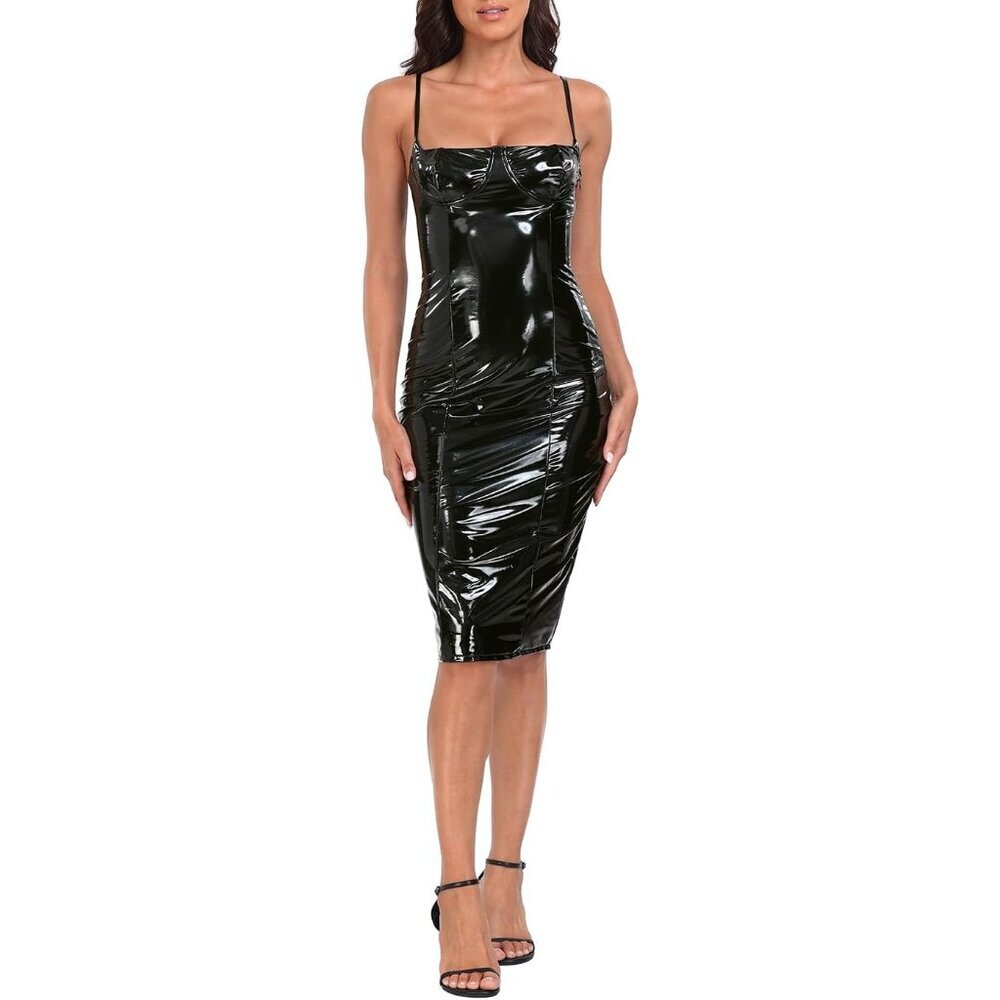 Women's Latex Midi Dress Faux Leather Bodycon Zipper Back Slit Adjustable